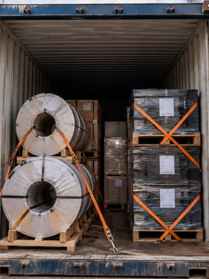 Steel coils and crated cargo secured inside a GMT container