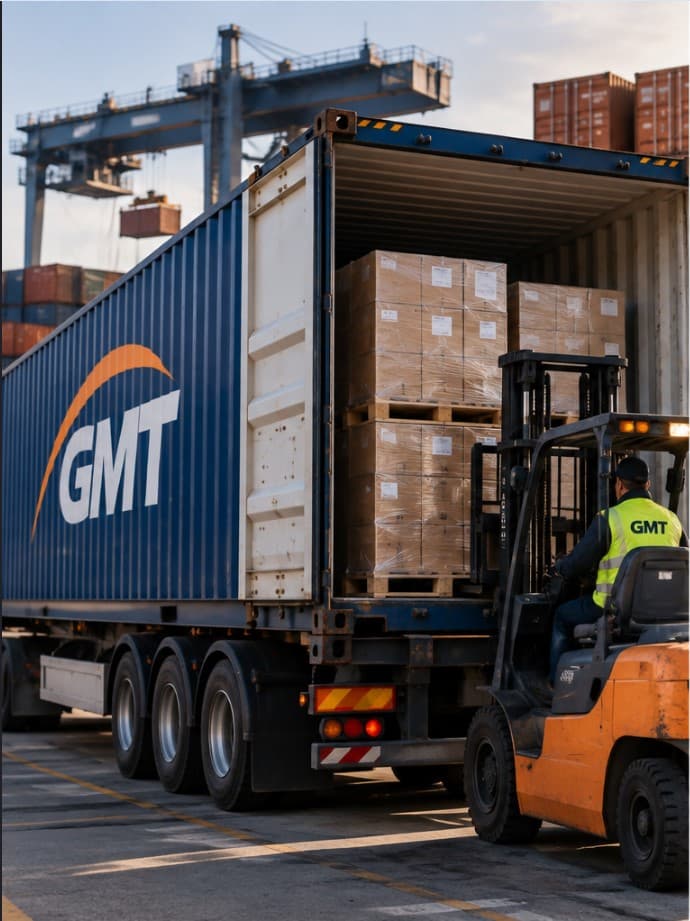 Forklift loading pallets into a GMT container
