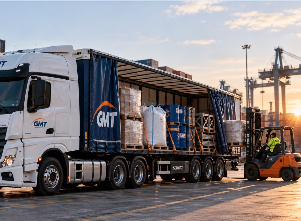 Forklift loading pallets and drums onto a GMT curtainsider trailer