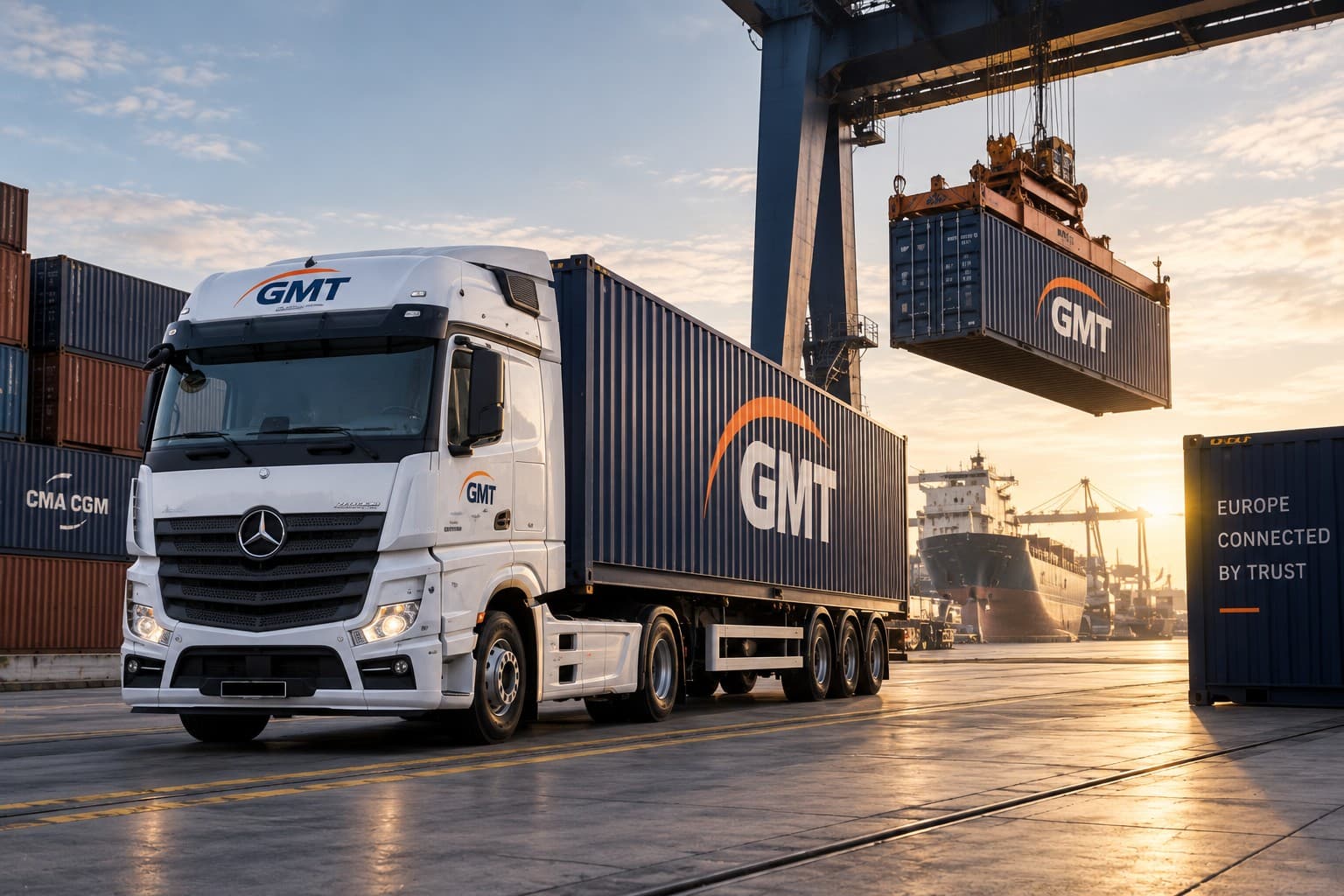 GMT truck at a container port with a crane lifting cargo at sunrise