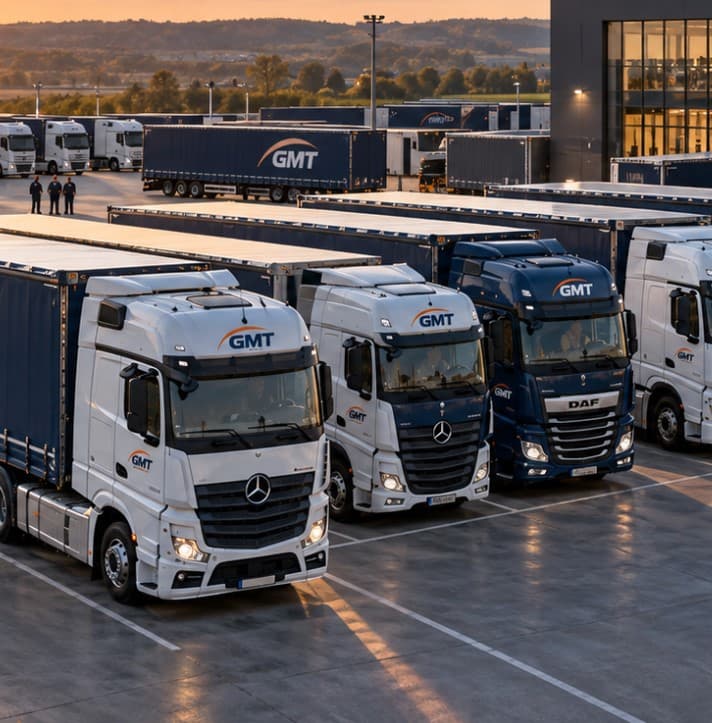 The GMT fleet of trucks and trailers parked at the yard at sunset